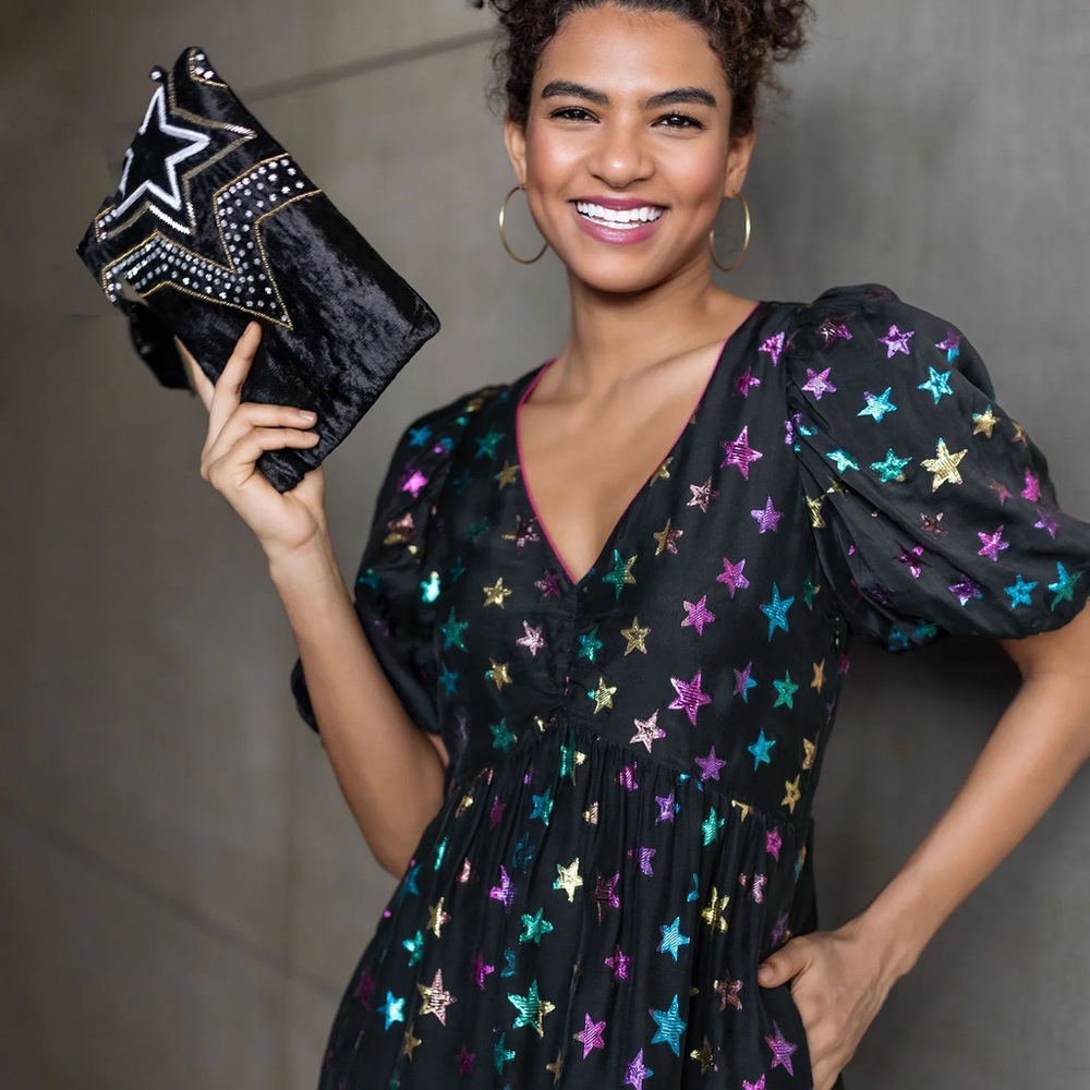 NWT Emily Lovelock “Starstruck” Metallic Star Puff Sleeve Irene Dress – XS
